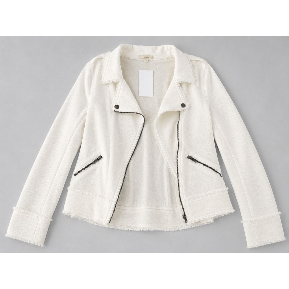 Le Lis Moto Jacket XL Ivory Textured Frayed Trim Zip Front Lightweight Layering - Picture 2 of 10